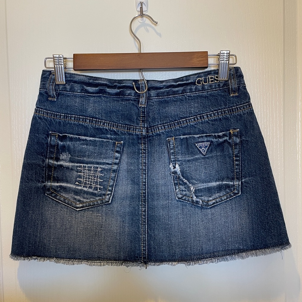 Girls Guess Jeans denim fringe jean skirt with rhinestones and patches size 14